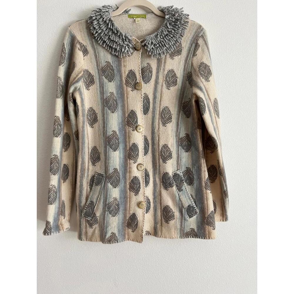 Sigrid Olsen womens  cardigan sweater yarn fringe at collar/cuff S
